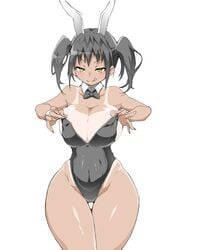 black_hair blush breasts cleavage curvy dark_skin highres huge_breasts large_breasts navel ohako9 playboy_bunny tan tanline thick_thighs tight_clothing tongue tongue_out twintails wide_hips