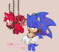 anthro blue_body blue_fur bondage candy canid canine christmas cookie dessert duo eulipotyphlan food fox fur harness hedgehog hi_res holidays honniepie male male/male mammal object_in_ass red_body red_fur sega sonic_(series) sonic_the_hedgehog sonic_the_hedgehog_(series) tails tails_the_fox
