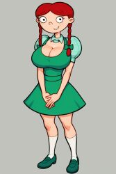 1girls aged_up ai_generated big_breasts braided_hair cleavage dress freckles hairbow hey_arnold! lila_sawyer nickelodeon older puffy_sleeves red_hair skirt solo twin_braids