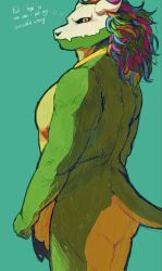 allstarfall anthro ass back_muscles balls big_butt big_penis black_eyes blonde_hair blue_hair blush bodily_fluids bone bone_mask bottomwear broken_english clothing colored curly_hair cyan_background english_text fist flaccid foreskin genitals gold_(metal) gold_jewelry gold_necklace green_arms green_body green_face green_hair green_scales hair hi_res horn jewelry lime_hair lizard loincloth long_hair long_penis male mask multicolored_hair musclegut muscular necklace orange_hair pecs penis pink_blush pupils purple_hair red_bottomwear red_clothing red_loincloth reptile scales scalie shaded side_view simple_background skull skull_mask small_tail solo sweat sweatdrop tail terraria text thoughts vein veiny_penis white_mask wide_hips witch_doctor_(terraria) yellow_balls yellow_body yellow_butt yellow_chest yellow_penis yellow_pupils yellow_scales