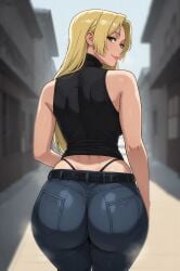 ai_generated ass ass_focus back_view crop_top denim_jeans highleg_panties huge_ass jeans jujutsu_kaisen looking_at_viewer looking_back outdoors puffy_lips street tight_clothing walking yuki_tsukumo