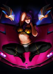 1girls biting_lip black_boots black_legwear exposed_belly female female_only k/da_kai'sa k/da_series kai'sa laying_down laying_on_car league_of_legends lying lying_on_back purple_eyes purple_hair riot_games solo solo_female solo_focus