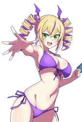 1girls ayu_(ddestiny944) bare_shoulders bikini blonde-haired_female blonde_hair breasts card commentary_request cowboy_shot digimon digimon_card_game digimon_liberator drill_hair female front-tie_bikini_top front-tie_top green_eyes highres holding holding_card large_breasts multicolored_hair navel open_mouth outstretched_arm outstretched_hand purple_bikini purple_hair side-tie_bikini_bottom smile solo swimsuit toned trading_card twin_drills two-tone_hair violet_inboots