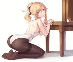 blonde_hair chair genshin_impact hiki_niito hikinito_(leviathan) jean_gunnhildr leotard no_shoes pantyhose