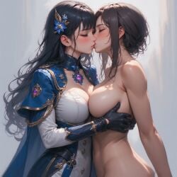 2girls ai_generated black_hair blush brown_hair fancy_clothing gloves hair_ornament jewelry kissing large_breasts lovers naked_female romantic yuri