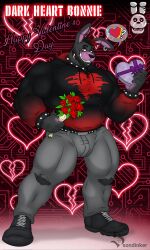 bandaid bandaid_on_face black_fur black_heart_bonnie_(fnaf) bonnie_(fnaf) chin_piercing chocolate_box ear_piercing earring eyebrow_piercing eyebrow_slit five_nights_at_freddy's flower_bouquet fully_clothed hoodie illumix jeans lip_piercing mohawk_(hairstyle) multicolored_fur muscular muscular_anthro muscular_male purple_fur rabbit ripped_jeans romantic rose_(flower) scottgames shoes smiling smiling_at_viewer snake_bites solo sondinker_fazbear's speech_bubble spiked_bracelet valentine's_day valentines_day