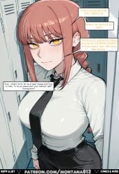 ai_generated angry annoyed black_tie braid braided_ponytail breasts_focus classroom cleavage close-up comic comics crying dialogue dirty_talk dominant_female domination english_text female female_focus femdom glowing_eyes hallway huge_breasts indoors large_breasts lockers long_hair looking_at_viewer loose_tie makima_(chainsaw_man) montana812 nsfw orange_eyes pink_hair pov pov_eye_contact school school_locker_room school_uniform solo speech_bubble suggestive sweat sweatdrop tears teasing text tsundere upper_body very_long_hair white_shirt yellow_eyes