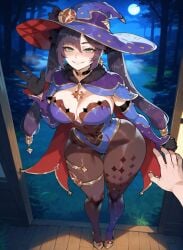1girls ai_generated before_sex belly big_ass big_breasts big_butt big_hips big_thighs blush bodysuit boobaai breasts curvaceous curvaceous_female curvaceous_figure curvy curvy_figure dark deep_skin earrings female female_focus female_only front_view full_body genshin_impact green_eyes groping hair_between_eyes hair_ornament hat heels high_heels horny horny_female hoyoverse huge_ass huge_breasts huge_butt huge_thighs large_ass light-skinned_female lips long_hair looking_at_viewer male_pov mihoyo mona_(genshin_impact) moon moonlight night night_sky night_time outdoors parted_lips pov pov_male purple_hair sexy sky smile solo solo_focus straight sweat swimsuit toned_stomach twintails twitter_link upper_body voluptuous voluptuous_female waving waving_at_viewer wide_hips witch witch_hat