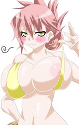 :3 areolae bikini blush breasts eiyuu_densetsu falcom female female_focus highres huge_breasts nipple_slip nipples ohako ohako9 pink_hair sara_valestein sen_no_kiseki short_hair simple_background solo swimsuit upper_body white_background yellow_bikini yellow_eyes