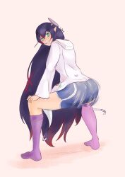 1girls ass big_ass black_hair bouncing_ass clothing female female_only green_eyes jacket light-skinned_female light_skin looking_at_viewer looking_back mika_melatika motion_lines nijisanji nijisanji_indonesia pointy_ears red_highlights ryufboi shorts smile socks solo thick_ass thick_thighs twerking virtual_youtuber wide_hips