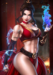 abs avatar_the_last_airbender azula bare_shoulders blue_fire breasts brown_eyes brown_hair child_bearing_hips clothing commentary dandon_fuga electricity female fire fire_nation highres large_breasts lighting lipstick long_hair looking_at_viewer makeup midriff navel nickelodeon ponytail smile solo thick_thighs thighs wide_hips