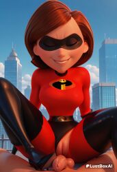 1boy 1boy1girl 1girls ai_generated artist_name black_footwear bodysuit boots breasts brown_hair building city cityscape closed_eyes clothed_female_nude_male cowgirl_position day disney domino_mask elastigirl female femdom footjob grin helen_parr hi_res latex lustboxai mask medium_breasts outdoors penis pixar pov pussy red_bodysuit short_hair sitting sky skyscraper smile solo_focus spread_legs straight superhero superheroine the_incredibles the_incredibles_2 thigh_boots thighhighs torn_bodysuit uncensored