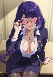 adjusting_eyewear adjusting_glasses ai_generated blazer blush breasts from_above genshin_impact glasses glowing_eyes heavy_breathing huge_breasts licking_lips looking_at_viewer medium_breasts office_clothing office_lady pantyhose pencil_skirt puffy_lips raiden_shogun red-framed_eyewear shiny_skin sitting sitting_on_table unbuttoned_shirt