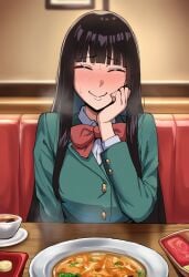 ai_generated black_hair blazer blunt_bangs blush bow bowtie breasts closed_eyes closed_mouth collared_shirt cuckold cup facing_viewer female food green_jacket hand_on_own_cheek hand_on_own_face indoors jacket kuronuma_sawako long_hair long_sleeves netorare plate pov_across_table red_bow red_bowtie restaurant school_uniform shirt sitting smile solo soup steam sweat table teacup upper_body white_shirt zeulzin