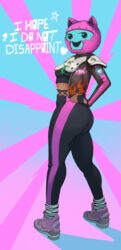 blue_background brown_skin cat_ears destruction_allstars digital_face gloves leather_jacket mask masked pattern_clothing pink_background pink_mask shadow shoes socks striped_legwear tagme text thick_thighs tw!nkler1ot wide_hips yoga_pants