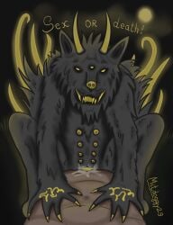 3_eyes animal_genitalia animal_vulva black_teeth bodily_fluids canid canine claws cowgirl_position cum cum_in_vagina cum_inside demon dialogue digital_media_(artwork) dominant dominant_female duo female feral first_person_view from_front_position fur genital_fluids genitals glowing grey_body grey_fur grin hi_res horn human human_on_feral interspecies looking_at_viewer male male/female mammal mitdoggy29 monster moon multi_eye multi_nipple night nipples on_bottom on_top open_mouth outside outside_sex penetration penile penile_penetration penis_in_vagina sex smile talking_feral talking_to_another talking_to_partner talking_to_viewer teeth tentacle text tongue vaginal_penetration vulva yellow_eyes zoophilia