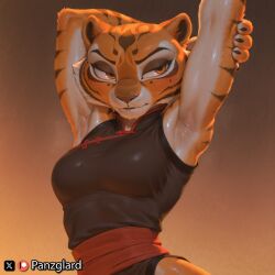 1girls ai_generated anthro armpit armpit_fetish armpits arms_up female furry furry_female furry_only high_quality high_resolution highres kung_fu_panda master_tigress medium_breasts panzglard sweat tiger tiger_girl tiger_print tigress