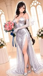 ai_assisted ai_generated bouquet bridal_gauntlets bridal_gloves bridal_veil cleavage elegant elegant_dress final_fantasy final_fantasy_vii final_fantasy_vii_rebirth final_fantasy_vii_remake flower_bouquet high_heels indoors philolite pinup posing showing_leg side_slit side_slit_dress strapless_dress tifa_lockhart wedding wedding_dress wedding_gloves wedding_veil