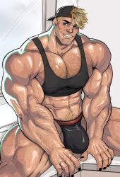 1boy abs bara blonde_hair bulge chest_hair eddie_brock gay hat jeduwin leg_hair looking_at_viewer male male_focus male_only marvel marvel_comics muscular muscular_arms muscular_chest muscular_legs muscular_male solo solo_male spider-man_(series)