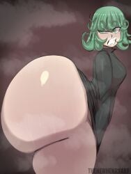 1girls angry ass ass_bigger_than_head black_dress blush breasts clenched_teeth curly_hair dress dumptruck_ass gigantic_ass green_eyes green_hair huge_ass hyper looking_at_viewer looking_back no_panties one_punch_man only_female short_hair sweat tagme tatsumaki tatsumaki_(one-punch_man) thenewhenryart thick_ass