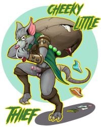 anthro armor bag_over_shoulder balls bandage bandaged_tail bodily_fluids boots bottomwear claws clothing dripping duo english_text footwear foreskin fur genital_fluids genitals glans grey_body grey_fur hi_res humanoid_genitalia humanoid_penis league_of_legends loincloth looking_at_viewer male male/male mammal mischievous mischievous_smile murid murine musk notched_ear penis precum precum_drip rat rat_tail riot_games rodent rucho shoes smile sneaking sniffing sniffing_clothes tail tail_wraps teeth tencent text twitch_(lol) underwear underwear_sniffing wraps yellow_teeth