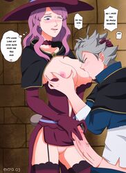 1boy 1girls age_difference asta_(black_clover) big_breasts big_penis black_bulls_uniform black_clover blush breast_grab breast_sucking breasts breasts_out clothed genjo hand_on_head naughty_face outdoors pussy vanessa_enoteca winking