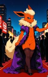 1girls 2026 ai_generated anthro blonde_female blonde_hair blue_eyes bracelet city crowd digitigrade dress dress_lift ear_piercing earrings eeveelution fancy_clothing female female_only flareon flat_chest fluffy generation_1_pokemon gold_jewelry half-closed_eyes hi_res high_heels innie_pussy jewelry necklace night nintendo orange_fur pokemon pokemon_(species) pussy red_carpet thighhighs unamused walking zonoya_(artist)