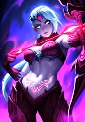 1girls ai_generated bow bra breasts clothed dreamheat female genderswap_(mtf) league_of_legends long_hair looking_at_viewer medium_breasts midriff no_pupils purple_body purple_skin riot_games rule_63 solo varus weapon white_hair