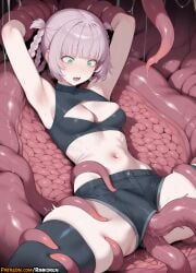 1girls 2025 ai ai_assisted ai_generated anime anime_girl anime_style armpits arms_up artist_name bangs bare_shoulders black_shirt black_shorts black_thighhighs blunt_bangs blush braid breasts call_of_the_night cleavage cleavage_cutout clothing_cutout crop_top eaten_then_fucked fangs female green_eyes grey_hair hair_rings hi_res high_quality high_res high_resolution highres inside_creature interspecies looking_down medium_breasts midriff monster monster_on_female nanakusa_nazuna navel open_mouth patreon patreon_username restrained rinkoai saliva shirt short_hair short_shorts shorts sleeveless sleeveless_shirt sleeveless_turtleneck solo spread_legs stomach sweat tentacle tentacle_pit tentacle_sex thighhighs thighs turtleneck uncensored vore watermark yofukashi_no_uta