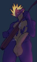 allstarfall amped_toxtricity anthro balls belly big_balls colored foreskin generation_8_pokemon genitals glowing glowing_hair grey_background guitar hair hi_res holding_object long_penis looking_at_viewer looking_up male mohawk musical_instrument nintendo nipples pecs penis playing_music plucked_string_instrument pokemon pokemon_(species) purple_arms purple_body purple_legs purple_nipples purple_scales saggy_balls scales shaded simple_background smug solo spikes spiky_hair string_instrument symbol toxtricity twunk wide_hips yellow_belly