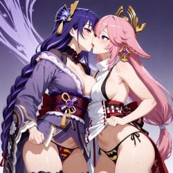 2female 2girls ai_assisted ai_generated batman batman_(cosplay) batman_(series) breasts crossover dc dc_comics flashing flashing_panties genshin_impact hair_ornament kimono kimono_lift kimono_pull kissing lifting looking_at_viewer panties pink_ears pink_hair purple_eyes purple_hair raiden_shogun sexy soaked superman superman_(cosplay) superman_(series) superman_logo themed_clothes thick_thighs thighs thong tongue tongue_out wet wet_panties white_outfit yae_miko yokai yuri