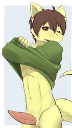 <3_eyes 1boy anthro clothed clothing dragon erection fur furred_dragon genitals heart hi_res looking_at_viewer male male_only penis raised_clothing raised_topwear slit solo topwear undressing unit_no04