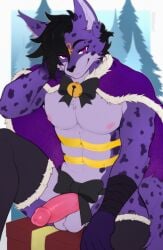 abs accessory alifox ankh_marking anthro arm_wraps balls bedroom_eyes bell bell_collar black_hair cape cheek_tuft clothing collar erection facial_tuft fangs felid feline fur genitals hair half-closed_eyes hi_res humanoid_genitalia humanoid_penis legwear lukiro lynx male mammal markings muscle_tone muscular muscular_anthro muscular_male narrowed_eyes pecs penis penis_accessory penis_bow penis_ribbon purple_body purple_fur ribbons seductive smile smirk smug smug_face solo spots spotted_body spotted_fur spotted_markings stockings teeth tuft wraps