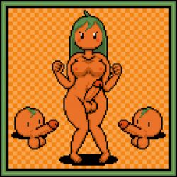 animated dickgirl food_creature futanari gif green_hair orange_skin orangejuicemann pixel_art poppy_(orangejuicemann)