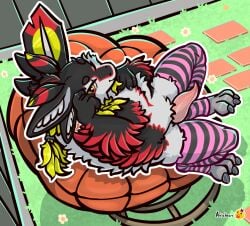 3_toes 4_ears 4_fingers animal_genitalia animal_penis anthro avali avian avisheart black_body black_feathers claws clothing crossdressing crossdressing_(mtf) crossdressing_male detailed_background erection feathers feet femboy fingers fur furniture gay gay_anal gay_male gay_sex genitals glistening glistening_genitalia hair hi_res homosexual homosexual_male homosexual_sex legwear looking_at_viewer male male/male male_only male_penetrated male_penetrating markings mouth_closed multi_ear multicolored_body multicolored_fur nature nature_background on_sofa penis pink_penis presenting presenting_penis red_eyes red_markings sitting sitting_on_sofa smile smiling_at_viewer sofa solo spread_legs spreading stockings tail tail_feathers tapering_penis toes white_body white_feathers yellow_eyes