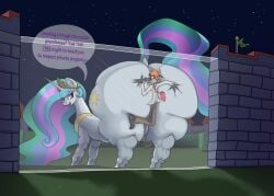 absurd_res anthro ass big_butt black_body body_worship butt_smother butt_worship castle crown dialogue dragon duo equid equine female fence feral friendship_is_magic fur glass_frame hair hasbro headgear hi_res horse looking_back male male/female mammal multicolored_hair my_little_pony mythological_creature mythological_scalie mythology orange_hair overweight overweight_female overweight_feral parumpi pink_eyes pony princess_celestia_(mlp) purple_text scalie smothering speech_bubble text white_body white_fur