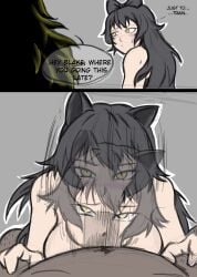 2koma aima_zero before_and_after before_sex black_hair blake_belladonna blonde_hair blowjob bobbing_head cat_ears cat_girl cheating dark-skinned_male deepthroat faunus fellatio instant_loss_2koma interracial interracial_sex rwby yang_xiao_long yellow_eyes