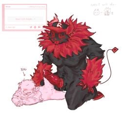 2_horns 4_fingers absurd_res animal_genitalia animal_penis anon anthro athletic athletic_anthro balls big_penis black_body black_fur blep blush bodily_fluids c4bb4g3 clothing demon duo female fingers forsaken_(roblox) fur genital_fluids genitals guest_666_(forsaken) hat hat_only headgear headgear_only headwear headwear_only hi_res horn human human_on_anthro humanoid_genitalia humanoid_penis hybrid_genitalia hybrid_penis imminent_sex interspecies kneeling knot knotted_humanoid_penis knotted_penis larger_anthro larger_male long_tail lying male male/female mammal monster mostly_nude multicolored_body multicolored_fur neck_tuft nonbinary_(lore) on_side penis precum red_body red_fur simple_background size_difference smaller_female smaller_human strawpage sweat sweatdrop tail tongue tongue_out tuft two_tone_body two_tone_fur vulva white_background