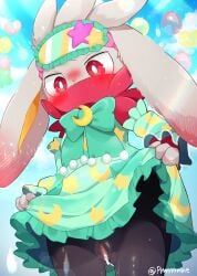 absurd_res balloon bedtime_style_cinderace black_body blush blush_lines bodily_fluids bow_ribbon clothed clothing clothing_lift cum cum_in_vagina cum_inside ear_blush eyemask eyewear female feral fur generation_8_pokemon genital_fluids green_clothing hi_res holowear_(pokemon) inflatable moon_symbol multicolored_body nintendo pattern_clothing pokemon pokemon_(species) pokemon_unite prrrrrrmine raboot red_body red_eyes solo star_symbol white_body white_fur white_sclera yellow_inner_ear