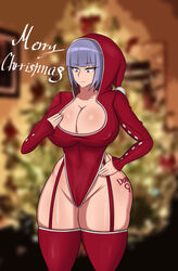 1girls belly belly_button big_ass big_breasts blush christmas christmas_outfit christmas_tree cleavage curvy embarrassed eyelashes female female_only hourglass hourglass_figure large_breasts lord_lince nipple_bulge nipples santa_hat solo tattoo thicc_doll_(wm_doll) thick thick_ass thick_thighs thighhighs voluptuous wide_hips