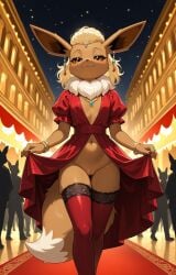 1girls 2026 ai_generated anthro blonde_female blonde_hair bracelet brown_eyes brown_fur crowd dress dress_lift ear_piercing eevee female female_only flat_chest generation_1_pokemon gold_jewelry hi_res innie_pussy jewelry necklace night nintendo no_panties pokemon pokemon_(species) pussy red_carpet smile smug thighhighs zonoya_(artist)