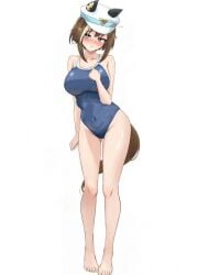 ai_edit ai_generated blush cheval_grand_(umamusume) edit edited grok grok_imagine gryebooks hat horse_girl one-piece_swimsuit short_hair shy swimsuit umamusume umamusume_pretty_derby voluptuous voluptuous_female white_background