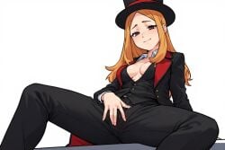 ai ai_generated between_legs_view black_coat black_pants black_slacks blonde_hair boob_window brown_eyes cleavage clothed coat crotch female female_in_suit hand_on_crotch human legs_apart legs_spread looking_at_viewer naughty oc open_legs orange_hair original_character pants sexy_pose slacks smiling smirk solo spread_legs suggestive suit top_hat touching_pussy vest wet_crotch wet_pants white_background