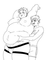 2boys armpits arms_up bedtimecreature belly bhm big_belly big_breasts big_moobs body_hair chubby chubby_male delicious_in_dungeon dungeon_meshi fat fat_belly fat_male gay grabbing grabbing_another's_stomach grabbing_belly grabbing_from_behind grabbing_stomach kabru laios_touden line_art male male_only moobs obese obese_male overweight overweight_male size_difference underwear underwear_only yaoi