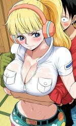 ai_generated big_breasts blonde_hair blush clothed curvy curvy_body curvy_female curvy_figure female grabbing grabbing_from_behind hibari_(one_piece) hourglass_figure huge_breasts male male/female monkey_d._luffy monkey_d_luffy muscular muscular_male one_piece straw_hat thick_thighs wide_hips yosu_art