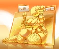 2d aero arm_on_hip bikini bow bra breasts_bigger_than_head featureless_face fishnet_armwear fishnet_bikini fishnet_panties fishnet_thighhighs fishnet_topwear fishnets frutiger_aero glistening glistening_body gold_body gold_bow gold_skin humanoid ludicrousspeeds open_mouth panties segmented_body shiny_body text text_box thick_thighs thighhighs waving waving_at_viewer window_(computing) windows_xp yellow_body yellow_bow yellow_skin