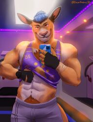 abs athletic_wear blue_hair bodily_fluids body_hair chest_hair chest_tuft clothed clothing clothing_lift electronics fur gloves gym hair handwear happy_trail hi_res hybrid kangaroo macropod male male/male mammal marsupial mirror_selfie muscular phone pink_nose pubes selfie shirt shirt_lift smile solo sweat topwear tuft xavierkumak yellow_body yellow_fur