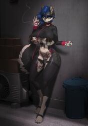 2026 absurd_res anthro barefoot belly_tattoo big_breasts black_body black_fur black_hair black_sclera blue_eyes breast_implants breast_tattoo breasts clitoris clitoris_piercing clothing collar digitigrade ear_piercing ear_ring eyebrow_piercing eyelashes facial_piercing feet female fishnet_clothing fishnet_legwear fishnet_thigh_highs fluffy fluffy_tail fur furgonomics furry-specific_piercing genital_piercing genitals hair hi_res huge_breasts hyena ineffective_clothing leash leashed_collar leg_tattoo legwear long_eyelashes looking_at_viewer mammal maned_kitsune multicolored_body multicolored_fur muzzle_piercing navel navel_piercing nikki_(nikki_forever) nipple_piercing nipples nose_piercing nose_ring pawpads piercing pink_pawpads pubic_tattoo ring_piercing septum_piercing septum_ring smoking solo tail tattoo thick_thighs thigh_highs two_tone_body two_tone_fur vulva white_body white_fur wide_hips