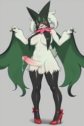 1futa ai_generated anthro balls big_balls big_breasts big_penis breasts fur furry furry_only generation_9_pokemon green_fur green_skin heels meowscarada nintendo penis pokemon pokemon_(species) solo