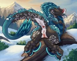 ambiguous_fluids animal_genitalia anus blue_body blue_eyes bodily_fluids claws dinosaur dromaeosaurid feathered_dinosaur feathered_scalie feathers female female_feral feral fluffy genital_fluids genitals grey_body hi_res leopard_pattern light log mountain owishka pink_anus pink_vulva plant prehistoric_species reptile saliva saurischian scalie shrub simple_background snow snowing solo sunlight tail theropod tongue tongue_out tree vaginal_fluids vulva wood